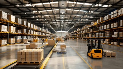 Fototapeta premium Large warehouse with forklifts and containers, sunset.