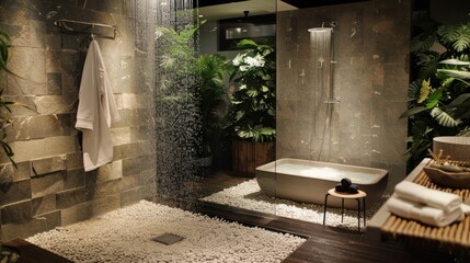 A tranquil spa-like bathroom with a rainfall showerhead and a deep soaking tub surrounded by smooth pebbles