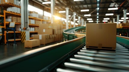 A conveyor belt in a warehouse with boxes moving along, realistic style, high detail, soft focus background