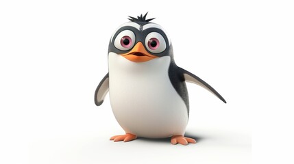 Fototapeta premium Cartoon style penguin with pink eyes standing on a white background