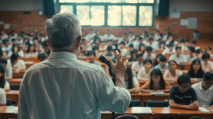 Fototapeta premium Back view of mature professor giving lecture to large group of college students in the classroom in Asia