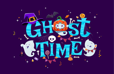 Halloween ghost time banner with cute funny kawaii ghost characters, cartoon vector background. Halloween holiday horror night and trick or treat party banner with cute boo ghosts, pumpkin and skull