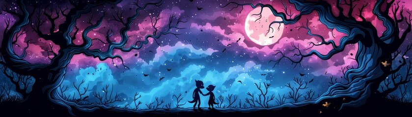 Naklejka premium Silhouettes of Two Figures Under a Night Sky with a Full Moon.