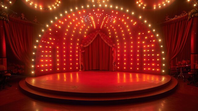 Empty round stage illuminated by spotlights with closed red curtains, waiting for the beginning of a performance in a vintage cabaret