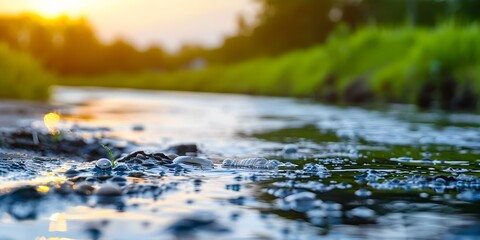 Fototapeta premium River pollution from plastic waste and industrial runoff harming ecosystems and wildlife. Concept Water Pollution, Plastic Waste, Industrial Runoff, Ecosystem Health, Wildlife Impact