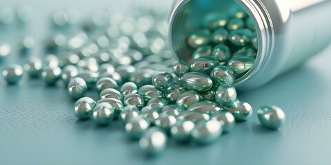 Detailed digital art of spilled collagen capsules from a bottle. Concept Product Photography, Nutrition Supplements, Health and Wellness, Creative Still Life, Digital Art