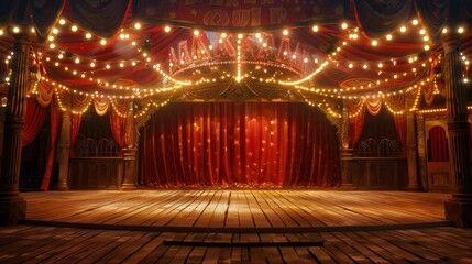 Empty circus stage is bathed in warm light, the red curtains and sparkling lights creating an air of anticipation for the performance to come