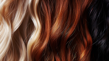 Naklejka premium In a close-up shot, three strands of wavy hair display distinct colors--perhaps blonde, brunette, and red. This image captures the diverse beauty and texture of hair, showcasing its natural waves and
