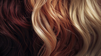 Naklejka premium In a close-up shot, three strands of wavy hair display distinct colors--perhaps blonde, brunette, and red. This image captures the diverse beauty and texture of hair, showcasing its natural waves and