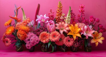 Obraz premium Colorful Bouquet of Flowers, Pink Background