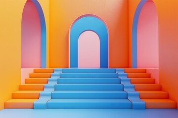 Using blue to create an abstract space with stairs and curved shapes