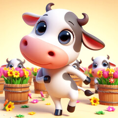 3D cute clumsy cow cartoon. Agriculture and farm animals illustration for children cards or books