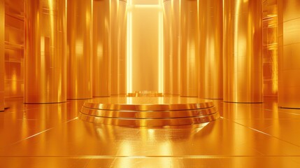 Gleaming golden podium stage shines warmly, creating a luxurious backdrop for product displays. The modern, minimalistic room exudes sophistication with its sleek design and shiny floor