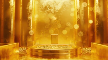 Golden podium stage shining under spotlights with a blurred background, perfect for showcasing a product, award, or other significant object
