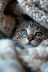 Naklejka premium Close-up of a cat with blue eyes wrapped in a knitted blanket
