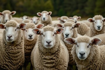 Obraz premium A group of sheep are standing in a field, with their heads turned towards the camera. The sheep are all white and appear to be looking at the camera. The scene is peaceful and serene