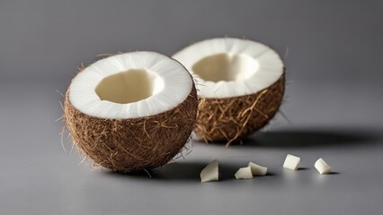  Freshly cracked coconuts with white flesh and brown husk