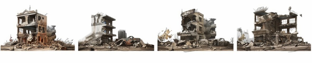 The set of ruined buildings is isolated on a transparent background.