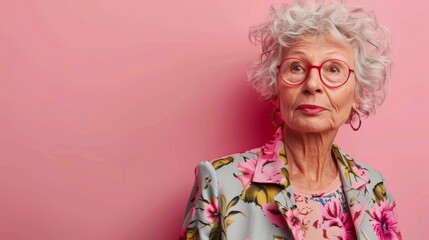 An elderly woman in a floral jacket gazes off to the side with a thoughtful expression