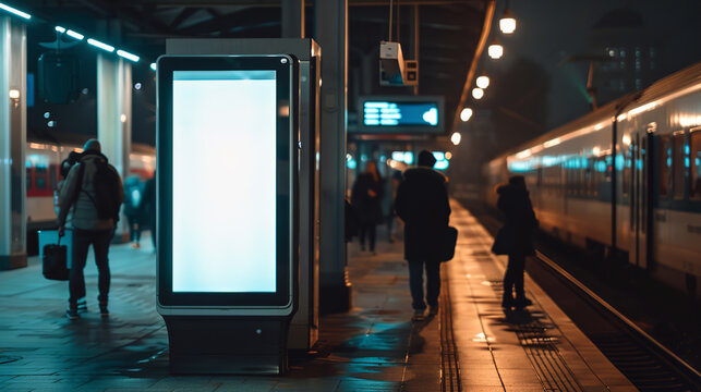Mockup. Lightbox vertical billboard with blank digital screen on a train station. white blank poster advertisement Public information boards stand at stations in front of people and trains