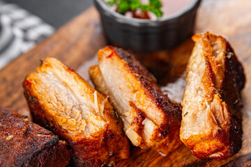 ribs pork meat grilled fried barbecue tasty fresh food snack on the table copy space food background rustic top view