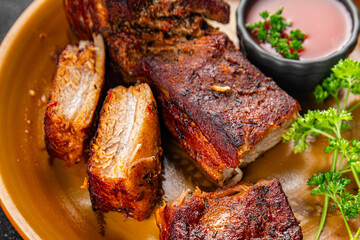 ribs pork meat grilled fried barbecue tasty fresh food snack on the table copy space food background rustic top view