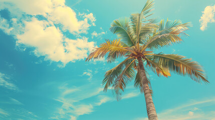 Palm tree on tropical beach with blue sky and white clouds abstract background. Copy space of summer vacation and business travel concept. Vintage tone filter effect color style