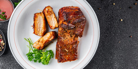 ribs pork meat grilled fried barbecue tasty fresh food snack on the table copy space food background rustic top view