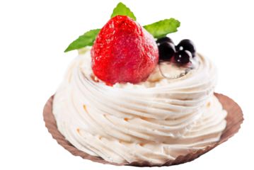 Meringue cake with berries on a paper sachet