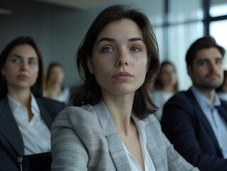 A woman seated among others, engaged in conversation