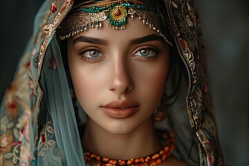 A woman wearing a blue and gold head scarf. The scarf is decorated with beads and pearls