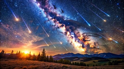 Serene celestial landscape featuring gentle meteors streaking across a vibrant starry night sky filled with shimmering cosmic dust and gas.