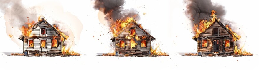 Isolated burning houses on transparent background. Concept of arson.