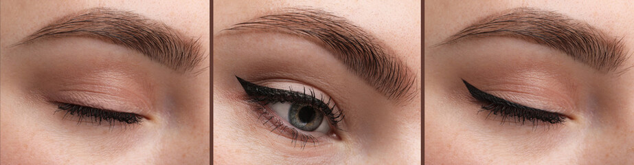 Beautiful woman before and after permanent eyeliner procedure, closeup. Collage of photos