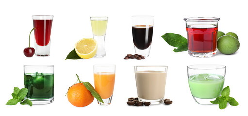 Different tasty liqueurs in glasses on white background, collection