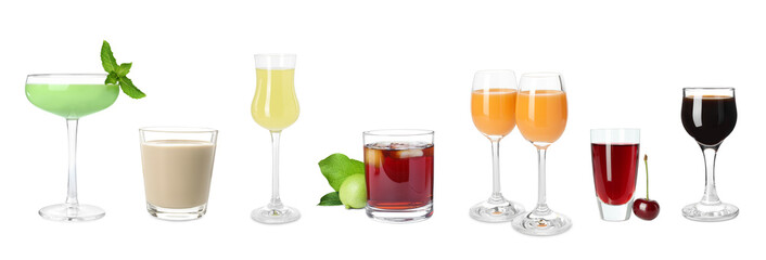 Different tasty liqueurs in glasses on white background, collection