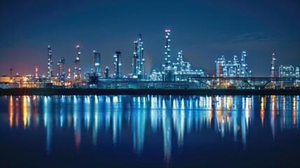 A city skyline with a large body of water in the background. The water is reflecting the lights of the city, creating a serene and peaceful atmosphere