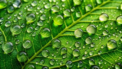 Refreshing close-up of a vibrant green leaf glistening with translucent water droplets on its waxy surface backdrop.
