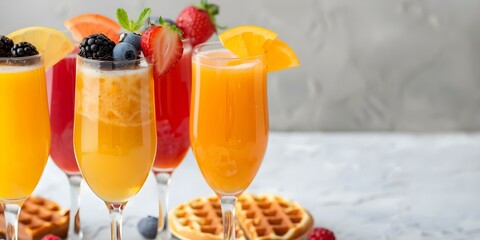 Colorful mimosas delicious brunch mouthwatering waffles at festive Galentines Day celebration. Concept Galentine's Day, Brunch, Mimosas, Waffles, Festive