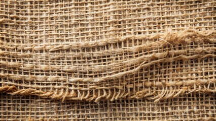 Obraz premium Weathered, coarse, and frayed rough sackcloth fabric with natural earthy tones and visible weave, evoking rustic, distressed, and vintage sensations.