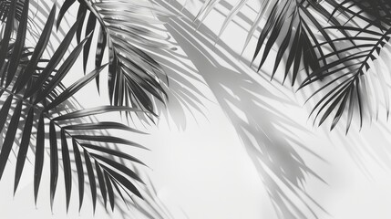 Obraz premium Shadows of green palm leaves falling on white wallpaper. Foliage mockup and design, tropical palm leaves foliage shadow overlay effect.