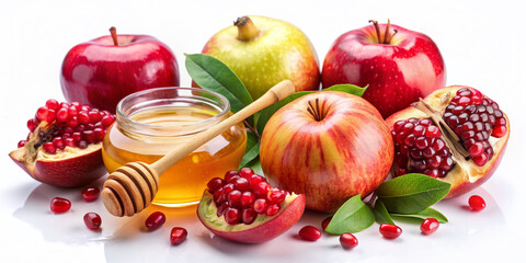 Vibrant apples, pomegranates, and honey arrange on a white background, symbolizing sweetness and abundance, perfect for wishing Happy New Year in traditional Jewish holiday.