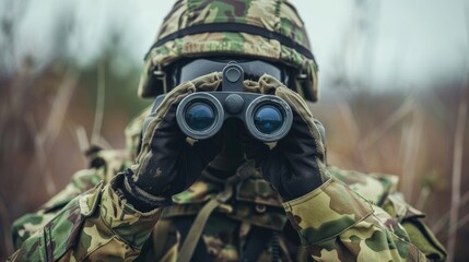 A soldier is wearing a camouflage uniform and looking through binoculars. Concept of focus and determination, as the soldier is intently observing something in the distance