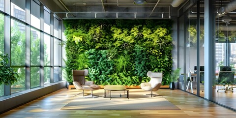 Incorporating sustainable greenery for wellness in startup office design promotes a healthy environment. Concept Sustainable Office Design, Greenery Wellness, Startup Environment, Healthy Workspace