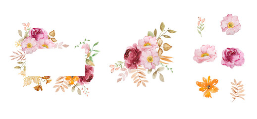Watercolor autumn frames set with flowers, fall leaves