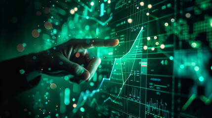 The hand points to the stock market chart on a dark green background. The concept of buying and selling securities.