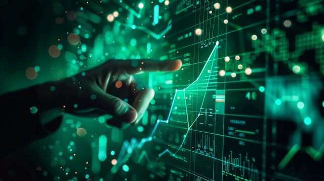 The hand points to the stock market chart on a dark green background. The concept of buying and selling securities.