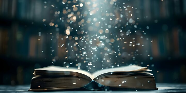 Ancient books flying letters on magical bookshelf background symbolize knowledge and history. Concept Fantasy, Ancient Books, Flying Letters, Magical Bookshelf, Knowledge & History