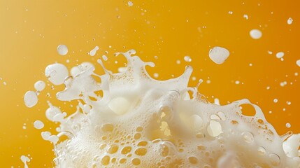 Foam explosion on a yellow background, beer splash freeze stop motion photo object design poster concept