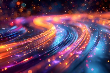 A dynamic and colorful abstract digital art piece featuring vibrant streaks of light in motion against a dark background. The composition includes a blend of orange, pink, and blue hues